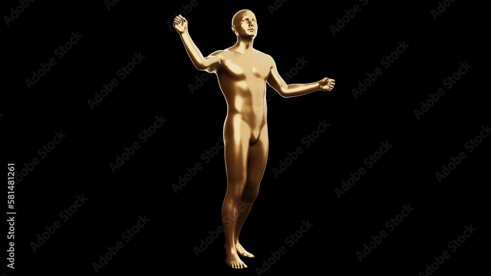 Beautiful young metallic gold man posing, isolated on black background. 3d illustration (rendering). Golden mannequin, android. Beautiful young metallic gold man posing, isolated on black background. 3d illustration (rendering). Golden mannequin, android.