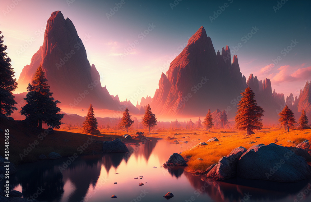illustration of nature scene in the mountains early in the morning