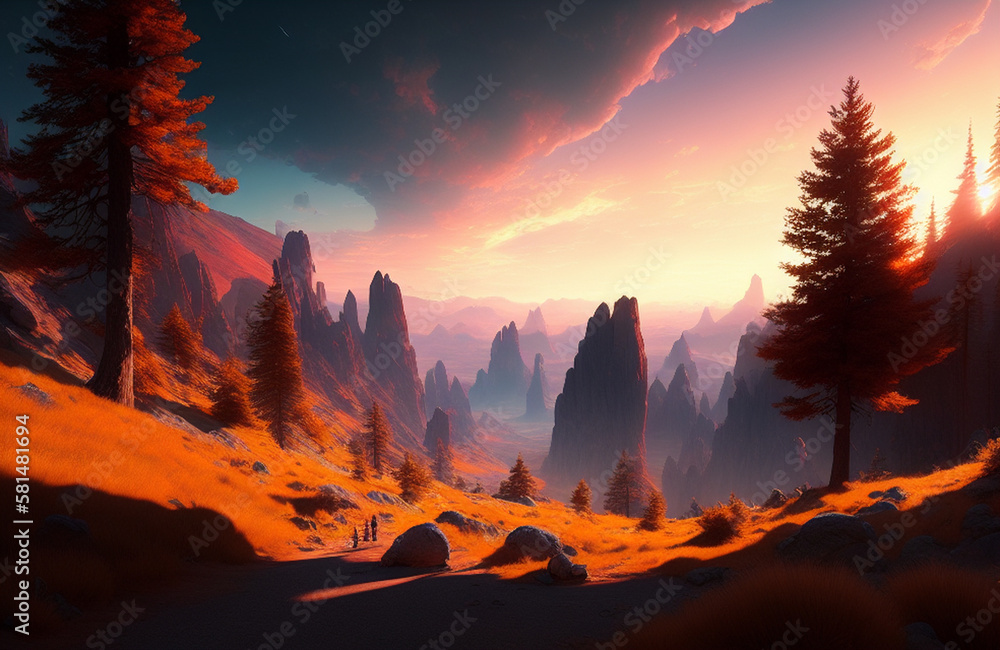 illustration of nature scene in the mountains early in the morning