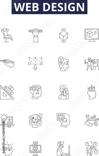 Web design line vector icons and signs. UI, UX, HTML, CSS, JavaScript, Graphic, Layout, Responsive outline vector illustration set