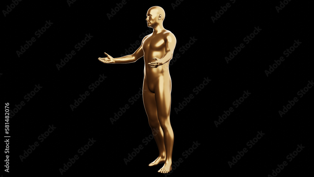 Beautiful young metallic gold man posing, isolated on black background. 3d illustration (rendering). Golden mannequin, android. Beautiful young metallic gold man posing, isolated on black background. 3d illustration (rendering). Golden mannequin, android.
