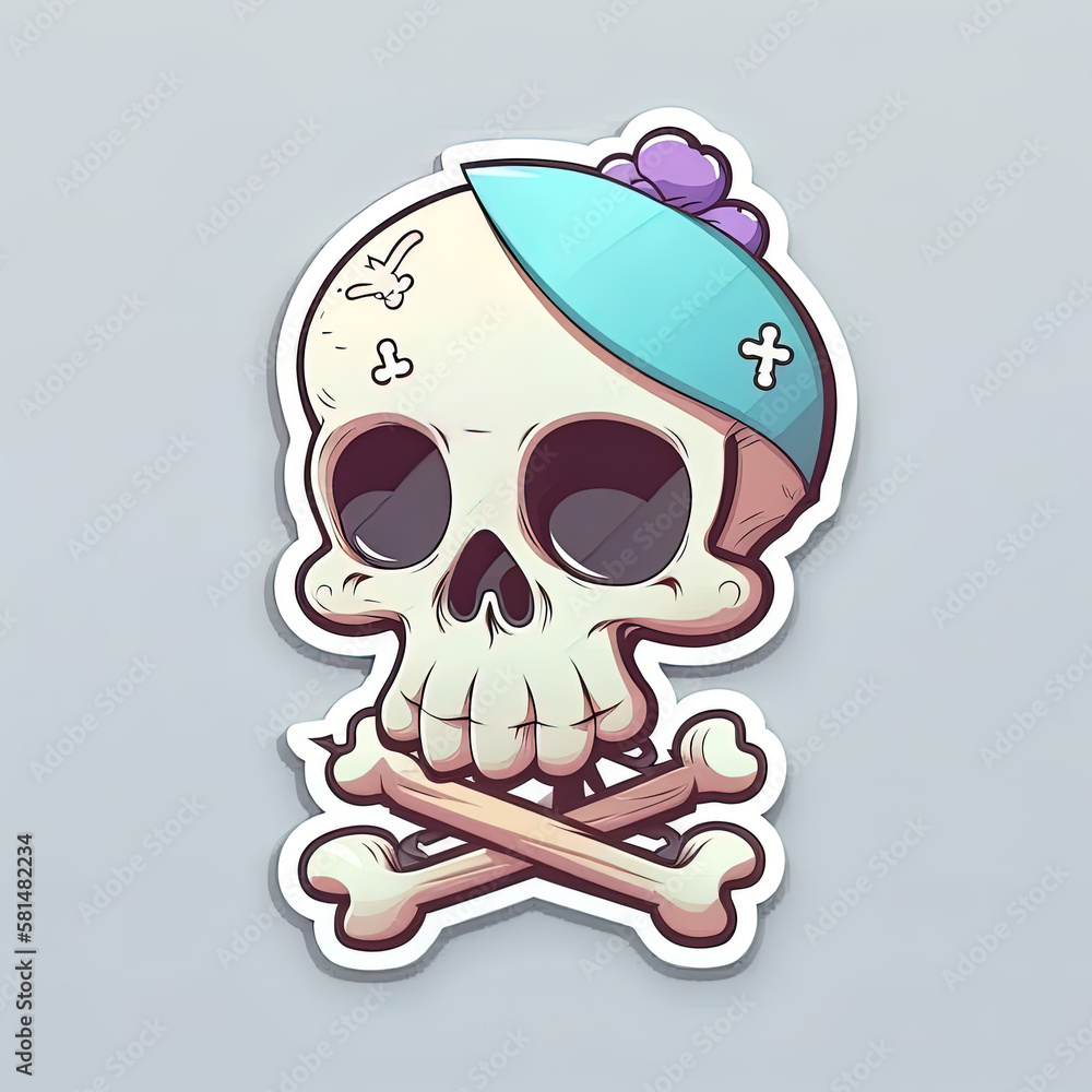 Fototapeta premium Introducing our adorable Skull and Bones Sticker, a cute and charming addition to your sticker collection! This whimsical cartoon-inspired design showcases a pastel color palette, making it the perfec