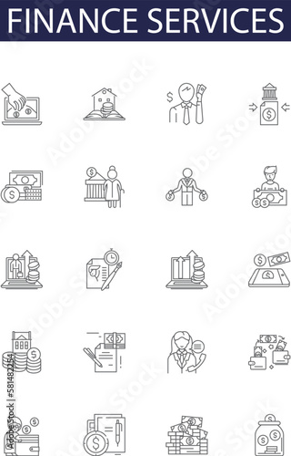 Finance services line vector icons and signs. Investing, Credit, Banking, Equity, Borrowing, Lending, Accounting, Mortgages outline vector illustration set