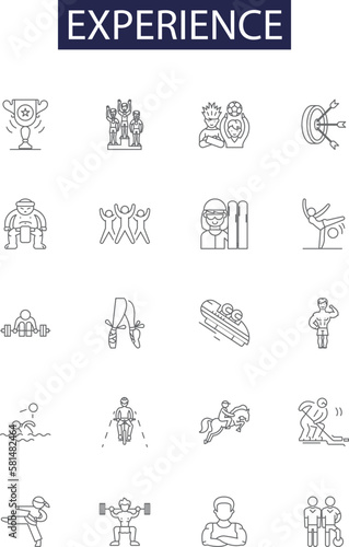 Experience line vector icons and signs. Exposure, Acquaintance, Engagement, Exploration, Involvement, Insight, Adventure, Practice outline vector illustration set