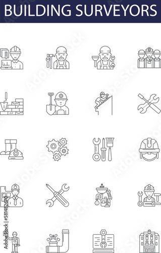 Building surveyors line vector icons and signs. Building, Constructing, Mapping, Engineering, Designing, Architecture, Designers, Measurement outline vector illustration set