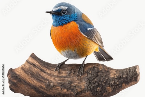 Beautiful orange bird with blue head perching on wooden branch isolated on white background, male of Blue fronted Redstart. Generative AI