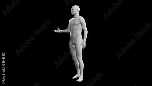 Beautiful young man posing  isolated on black background. 3d illustration  rendering . Plastic shiny mannequin  android  robot.