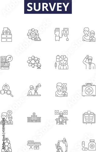 Survey line vector icons and signs. Poll, Questionnaire, Assess, Probe, Review, Examine, Gauge, Enquire outline vector illustration set