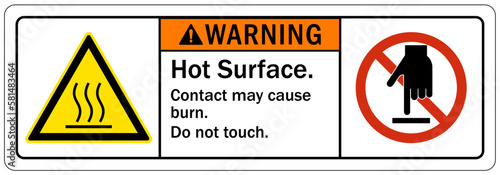 Hot warning sign and labels hot surface. Contact may cause burn. Do not touch
