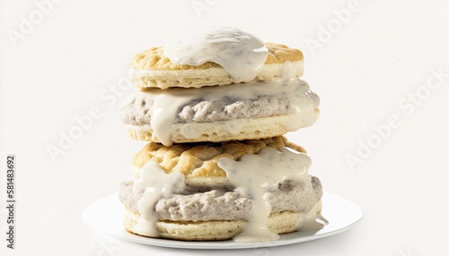 A stack of buttermilk biscuits with gravy and sausage on White Background with copy space for your text created with generative AI technology photo