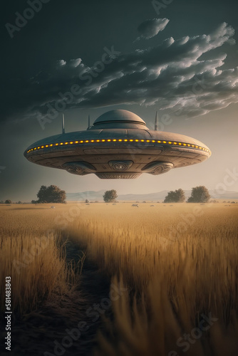Flying saucer over wheat field, vertical illustration. AI generative.