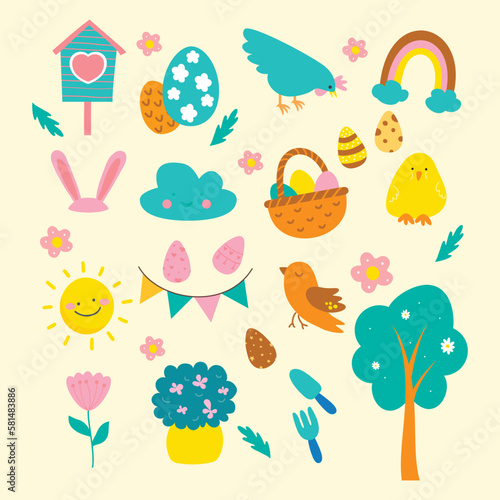 Fototapeta Naklejka Na Ścianę i Meble -  set of eggs and flowers and Easter seamless pattern with rabbits and bunny free vector