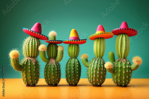 Cactus wearing a mexican sombrero hat. Cinco de mayo celebration background. Generative ai photo