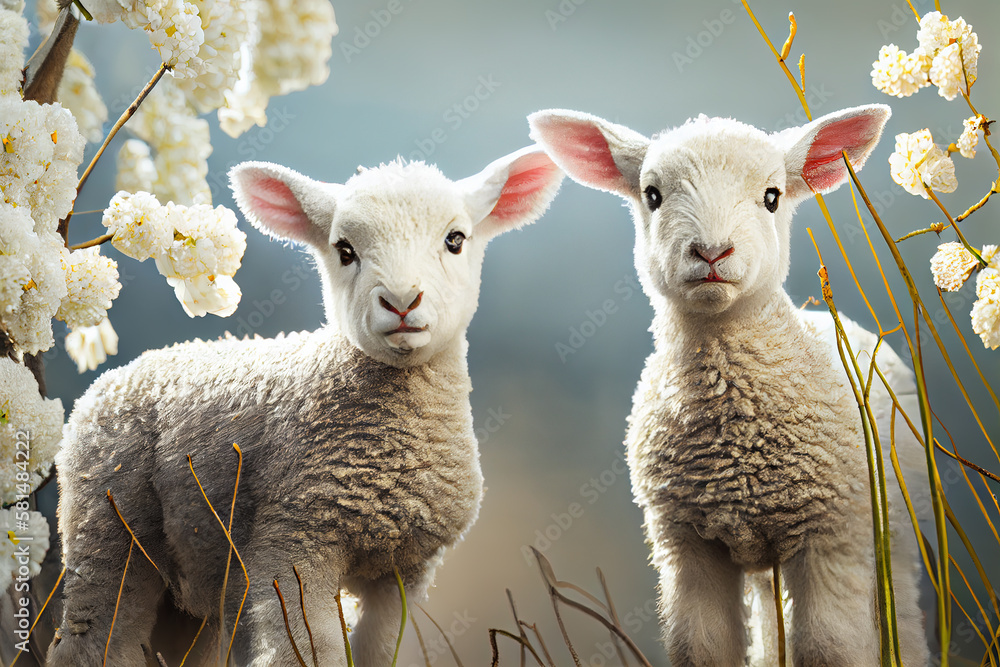 Obraz premium Two little white sheep, ai generative