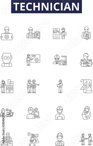 Technician line vector icons and signs. Engineer, Technician, Specialist, Repairman, Serviceperson, Craftsman, Installer, Analyst outline vector illustration set