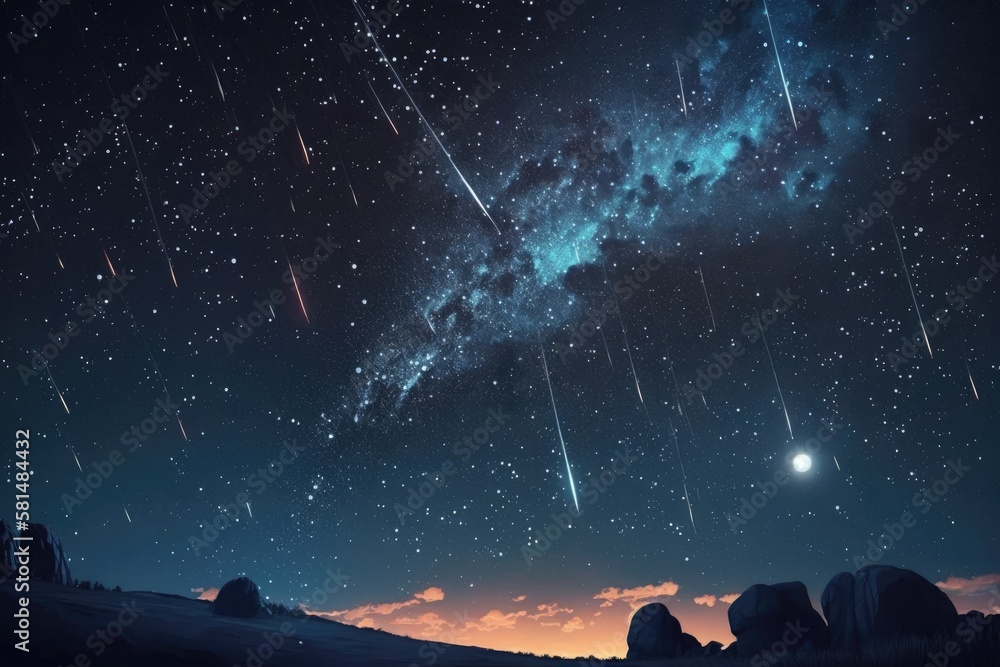 Meteors in the night sky with stars. Beautiful shooting stars. Falling