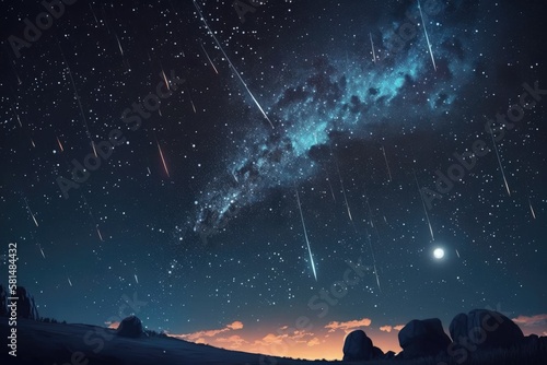 Meteors in the night sky with stars. Beautiful shooting stars. Falling meteorites. Generative AI