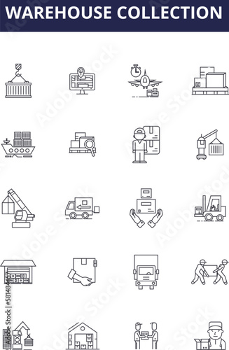 Warehouse collection line vector icons and signs. Collecting, Logistics, Fulfillment, Storing, Bulk, Inventory, Distribution, Picking outline vector illustration set