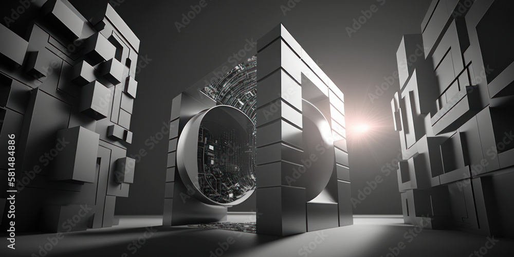 Futuristic cubic metal structure in space environment, abstract ...