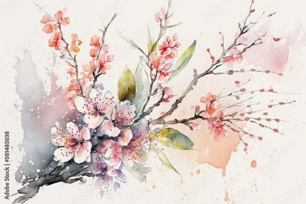 Cute Watercolor Sakura Flower Illustration AI Generative.