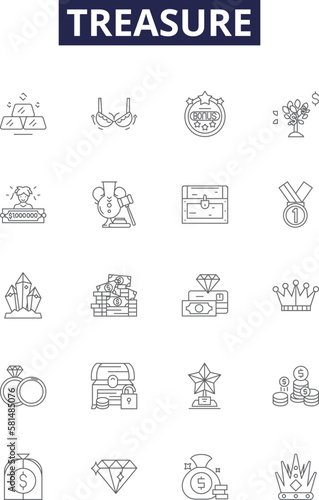 Treasure line vector icons and signs. Hoard, Wealth, Cache, Valuables, Fortune, Gouging, Boon, Loot outline vector illustration set