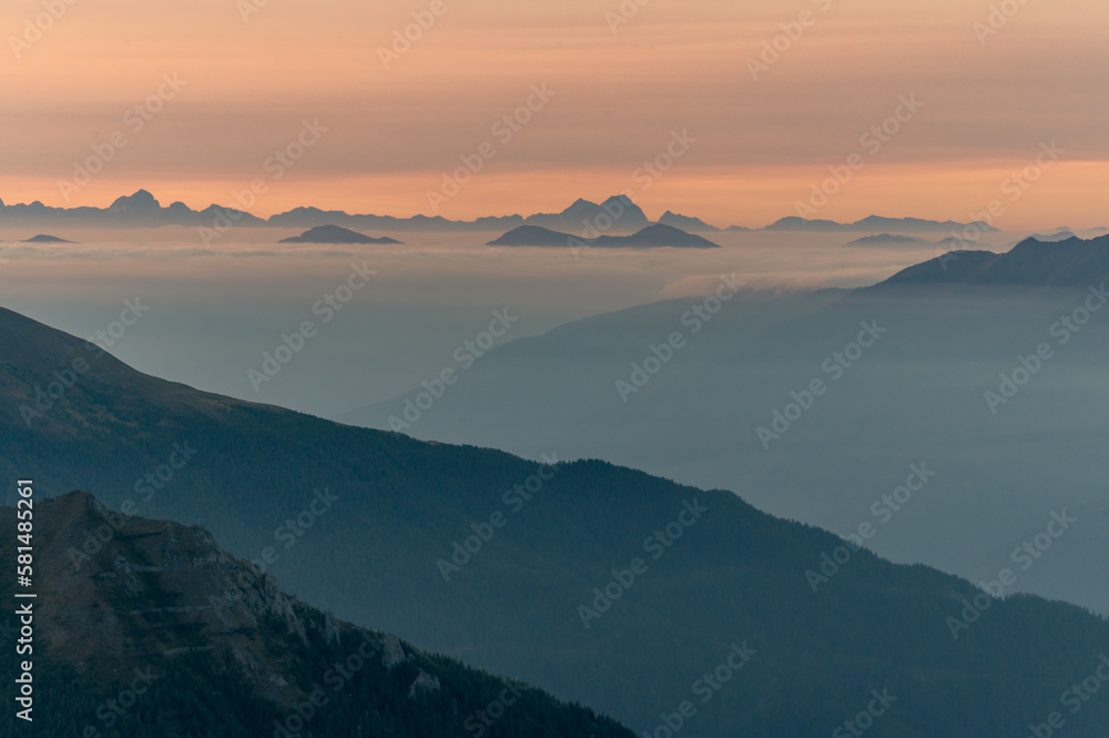 Mountain view at sunset with inversion
in the Austrian Alps in the Hohe Tauern mountains