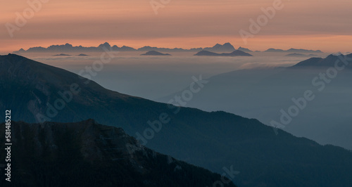 Mountain view at sunset with inversion in the Austrian Alps in the Hohe Tauern mountains