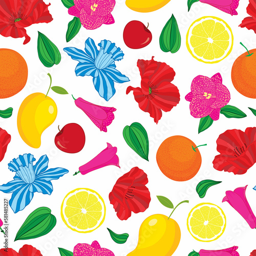 Fototapeta Naklejka Na Ścianę i Meble -  Raster illustration. Colorful flowers and fruits on white background seamless repeat pattern design.