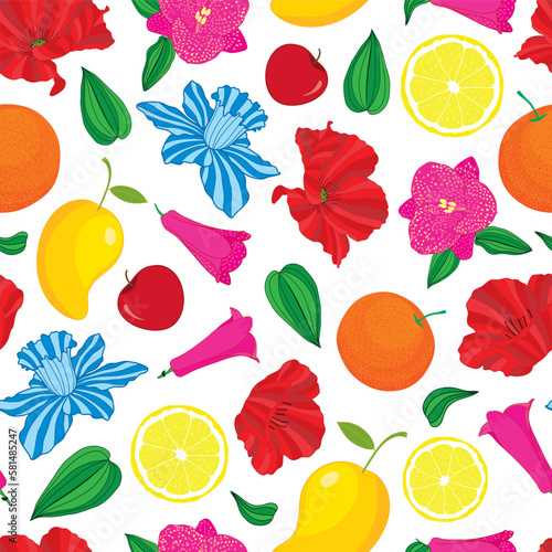 Fototapeta Naklejka Na Ścianę i Meble -  Vector illustration. Colorful flowers and fruits on white background seamless repeat pattern design.