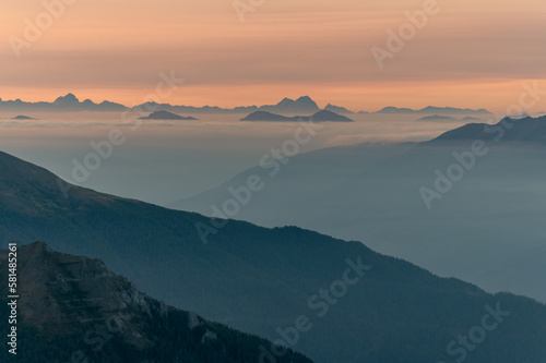 Mountain view at sunset with inversion in the Austrian Alps in the Hohe Tauern mountains