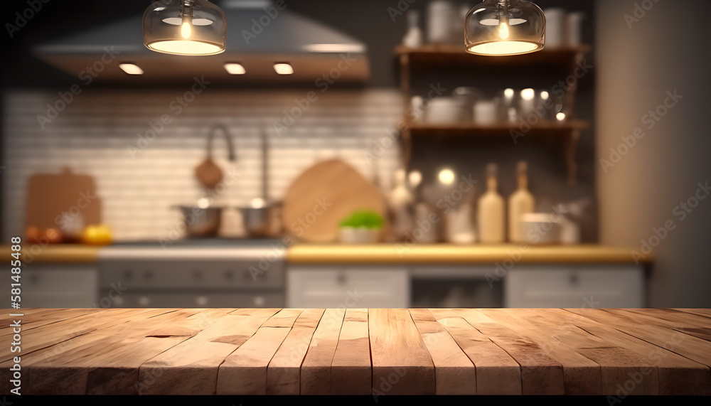 Empty Natural Wood Trunk of Table, Desk on Blur Kitchen with Equipment Background Empty Natural Wood Trunk of Table, Desk on Blur Kitchen with Equipment Background