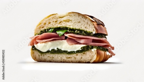 A delicious sandwich with prosciutto, mozzarella, and pesto on White Background with copy space for your text created with generative AI technology