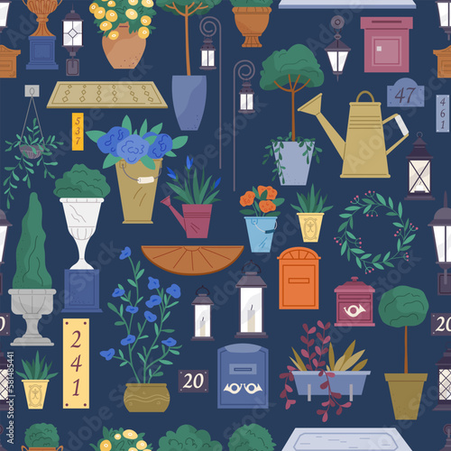 Vector set of outdoor potted plants bushes, trees, flowers. Isolated garden design elements. Flowers, blossoms or trees growing in flowerpots, Street vases and pots. Decorative landscaping plants