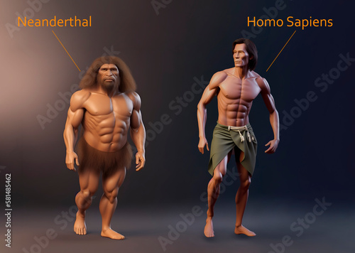 Neanderthal vs. Homo Sapiens comparison, antropology illustration, fictional cartoon 3d characters. Generative AI