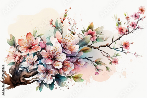 Cute Watercolor Sakura Flower Illustration AI Generative. © olegganko