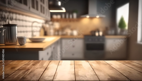 Empty Natural Wood Trunk of Table  Desk on Blur Kitchen with Equipment Background