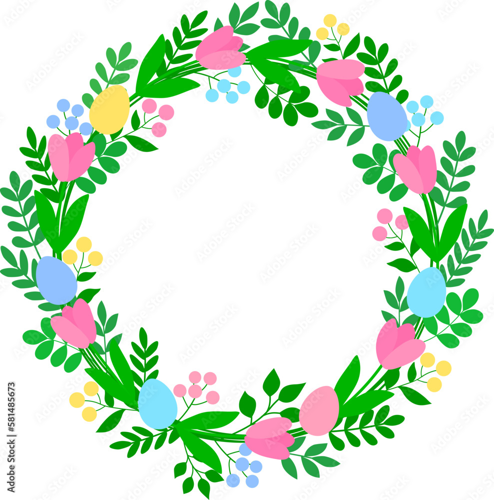 Fototapeta premium Round floral frame Easter eggs flowers vector illustration