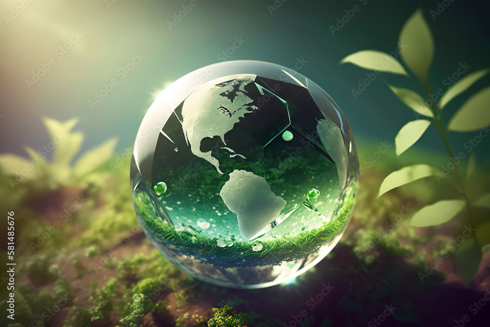 Environmental and Earth Day Concept.Planet Earth crystal, green sunny background.AI generated illustration.