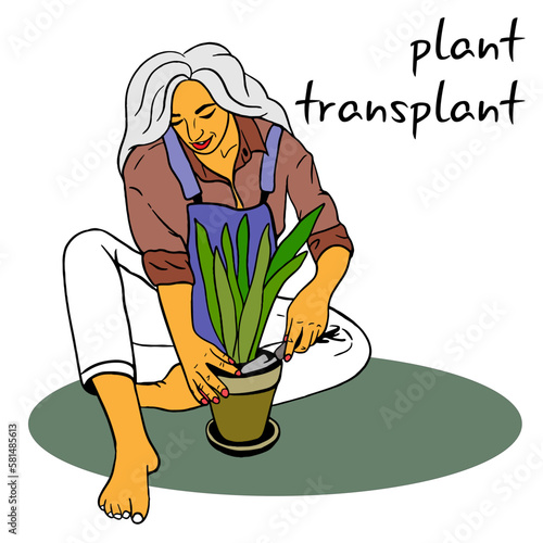 girl sitting on the floor transplants houseplant using garden tools. house plant care. girl gardener in overalls.