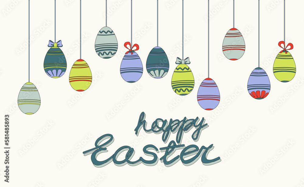 Naklejka premium Easter poster and banner template with suspension Easter eggs. Greetings and presents for Easter Day in flat lay styling. Promotion shopping template for Happy Easter. Greeting card. Spring holiday