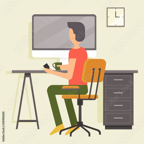 Work at home. Freelancer man working on computer at his house. Online study, education. Concept of remote work, freelancing, teaching, e-learning, from home office. Person sitting on chair at desk