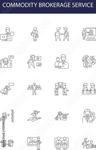 Commodity brokerage service line vector icons and signs. Brokerage, Service, Trading, Investment, Futures, Clearing, Hedging, Options outline vector illustration set photo