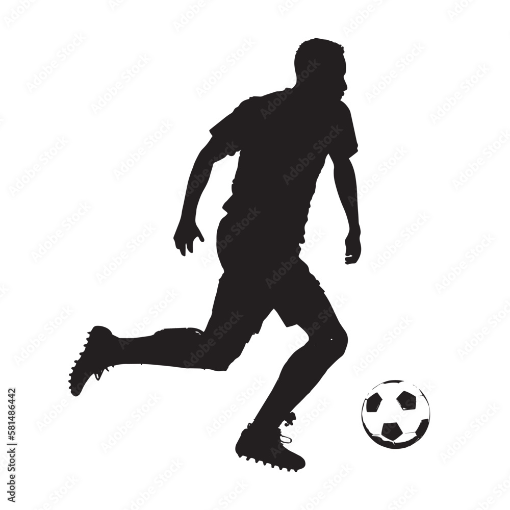 Silhouette of a man playing football. Black-white silhouette sport soccer.