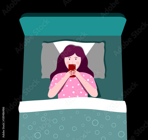 Sleepless girl check her smartphone on bed