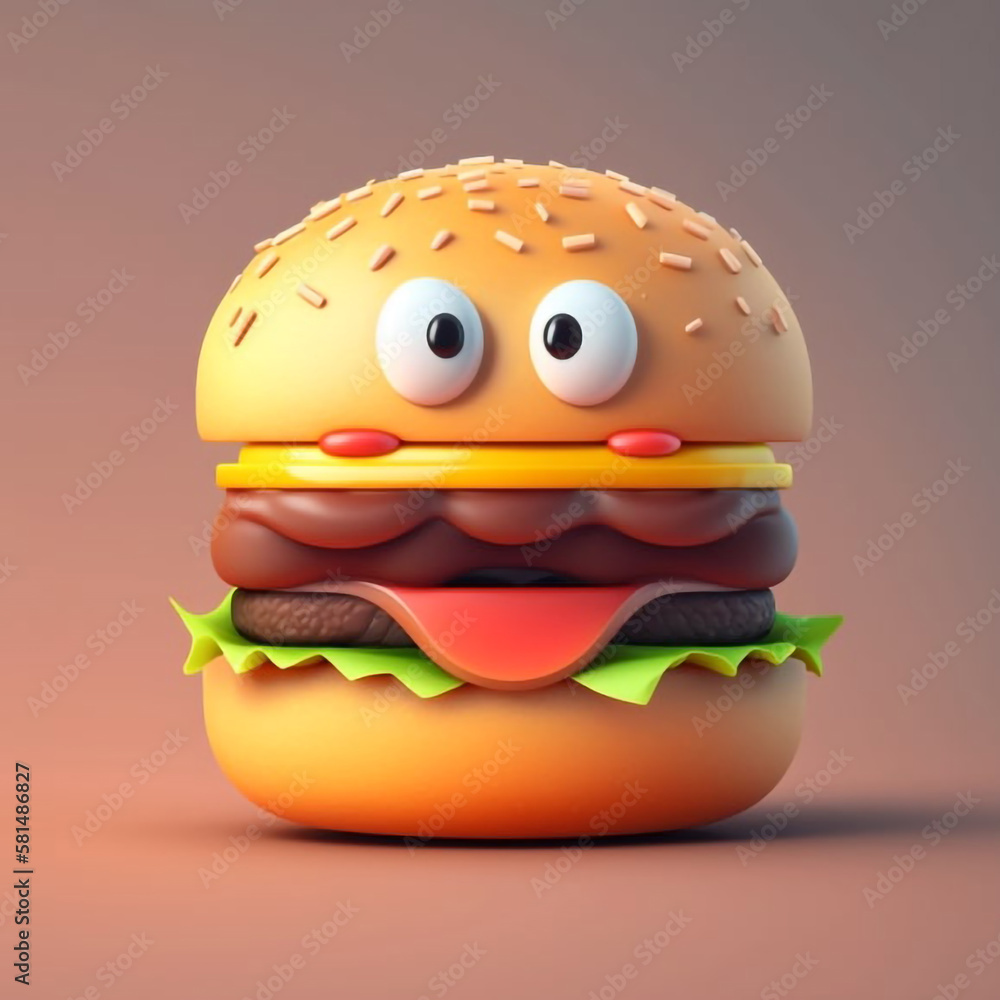 3D Cartoon Burger Character with Smiling Face and Eyes generative ai 3D Cartoon Burger Character with Smiling Face and Eyes generative ai