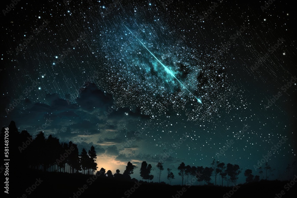 Fototapeta premium Perseid Meteor Shower. Falling Star at Dark Sky. Night of Shooting Stars. Generative AI