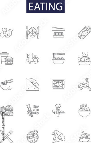 Eating line vector icons and signs. feasting, relishing, noshing, nibbling, scoffing, gorging, devouring, chewi outline vector illustration set