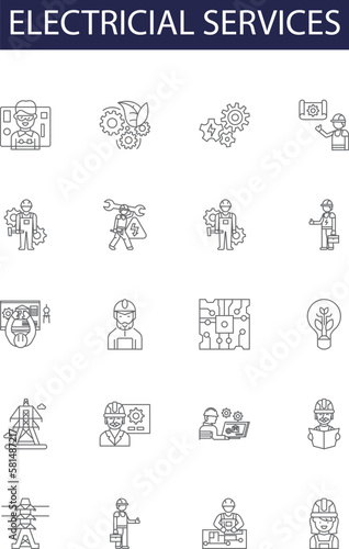Electricial services line vector icons and signs. Services, Wiring, Circuit, Repair, Installation, Equipments, Fuses, Transformers outline vector illustration set
