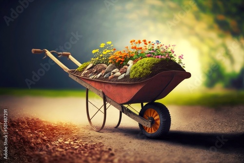 Fotomurale spring planting in garden gardener with hand wheelbarrow filled with earth, crea