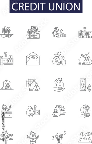Credit union line vector icons and signs. Union, Financial, Banking, Services, Cooperative, ATM, Checking, Savings outline vector illustration set photo